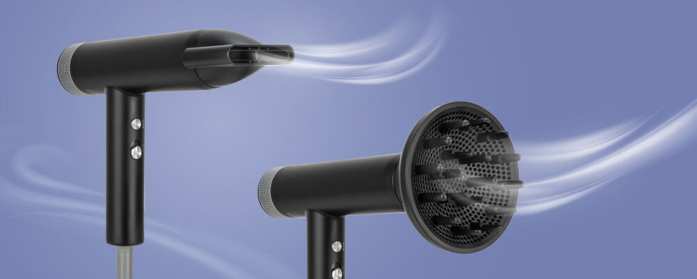 Suszarka HUMANAS AirTouch HD-AT03 2000W nakładki specjalny dyfuzor wyeksponowanie skrętu dyfuzor redukcja puszenia naturalna struktura włosa koncentrator mocowanie na magnes ułatwienie modelowania sprawdza się podczas prostowania włosów wygoda perfekcyjny efekt  