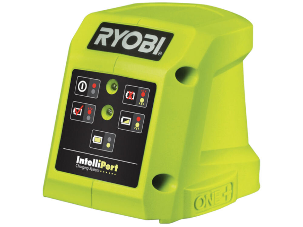Akumulator RYOBI RC18115-120L 2.0Ah 18V + ładowarka, masa, przechowanie, gotowość, szybkość, Ładowarka na białym tle stoi pionowo frontem prawo skos