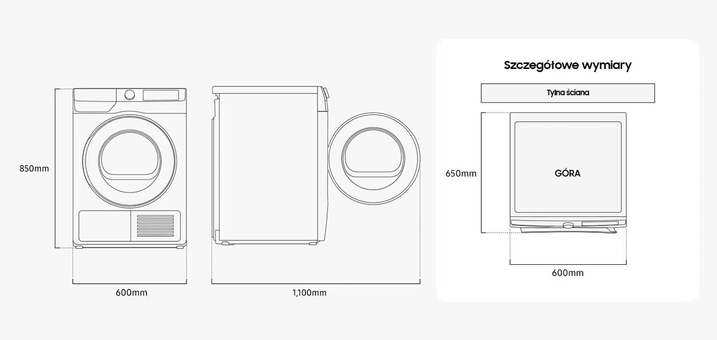 wymiary Szczegółowe wymiary Suszarki DV90DG6845LEU4