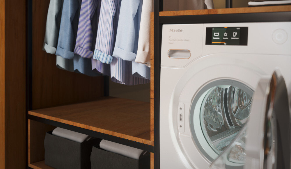 Suszarka MIELE TWA520WP EcoSpeed zdjęcie wizualizacyjne lifestyle otwarte drzwiczki koszule Przekładanie zawiasów drzwi dostosowanie kierunku ich otwierania lewo prawo planowanie przestrzeni zmiana układu dopasowanie do pomieszczenia