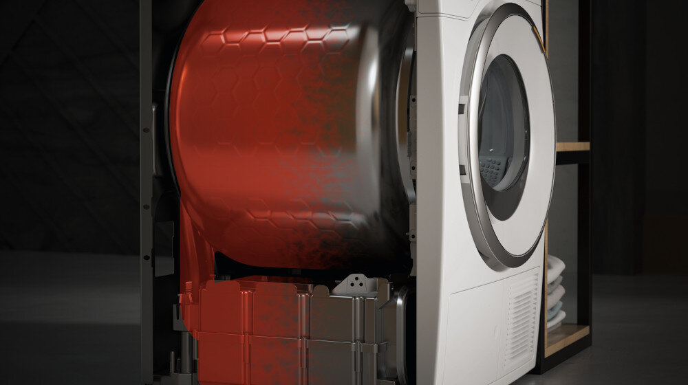 Suszarka MIELE TWA520WP EcoSpeed zdjęcie wizualizacyjne lifestyle bok bębna wnętrze konstrukcja Delikatna dla tekstyliów ochrona włókien niskie temperatury bez uszkodzenia tkanin delikatnie Ekonomicznie