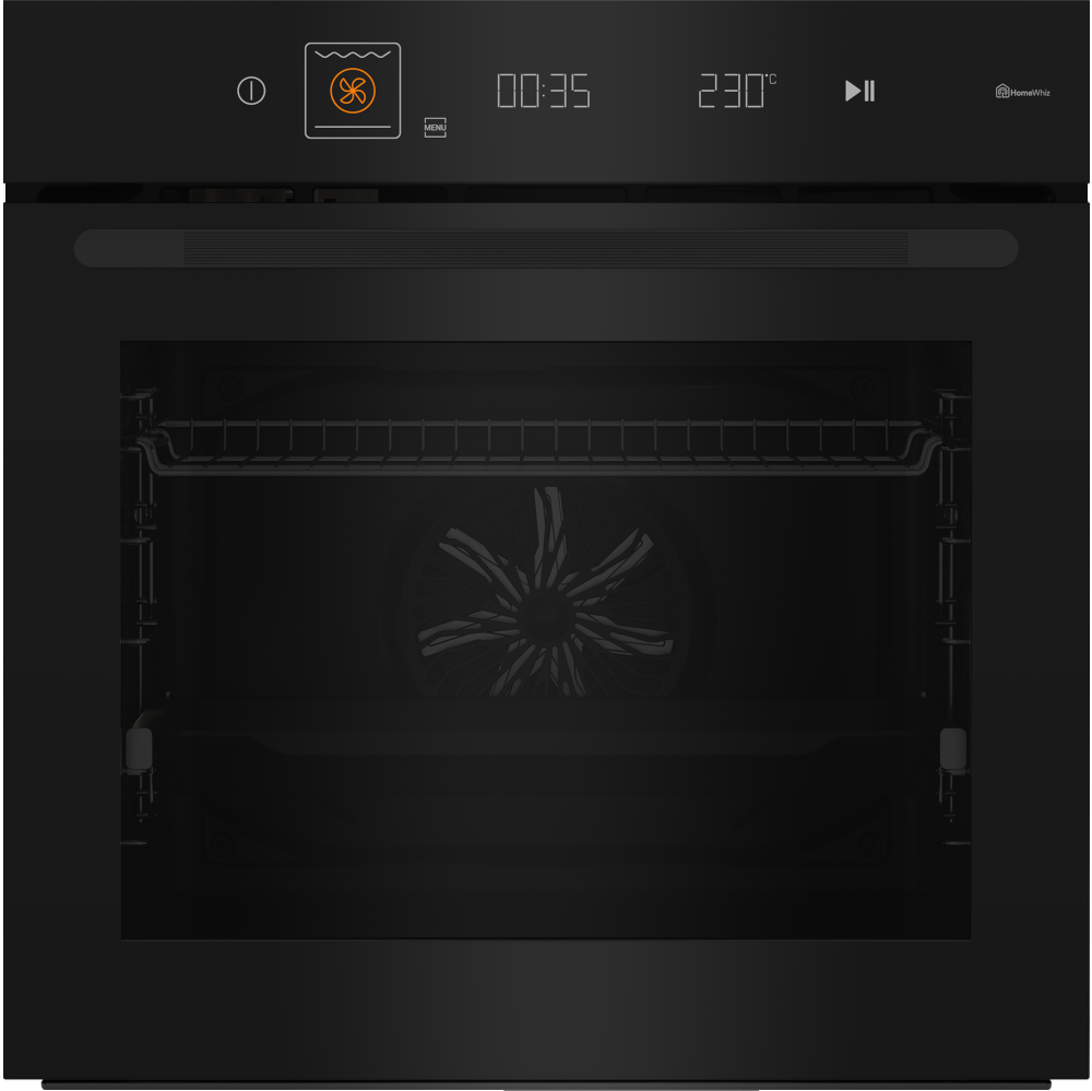 Front czarnego piekarnika Beko z widocznym panelem sterowania, rączką i wnętrzem z rusztem.