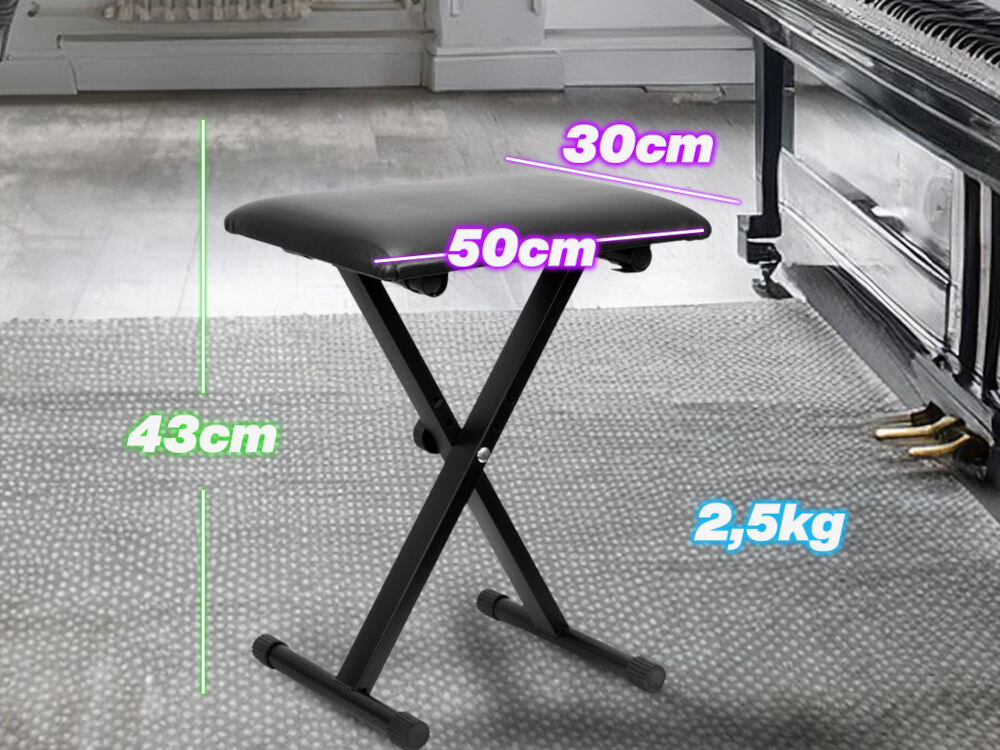 Ława do pianin i keyboardów MUSICMATE MM-K25 Leggiero,
					komfortowe wsparcie przy grze, regulowana wysokość, możliwość ustawienia siedziska na wysokości 43 /47 / 51 cm,
					wspiera zdrową postawę ciała, miękkie wypełnienie siedziska, stabilna konstrukcja, kompaktowe wymiary ok. 50 x 30 x 43 cm, waga ok. 2,5 kg,
					ława stojąca na dywanie przed pianinem, wymiary, waga