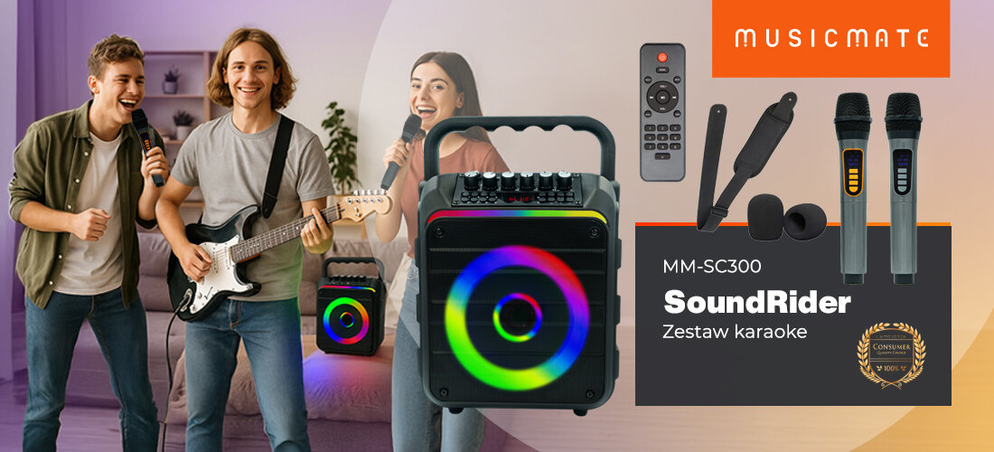 MUSICMATE MM-SC300 SoundRider zestaw karaoke przenośne centrum rozrywki głośnik 6,5 cala moc 18W mikrofony bezprzewodowe, zestaw karaoke na pierwszym planie od frontu, ludzie stojący w pomieszczeniu z mikrofonami oraz z gitarą