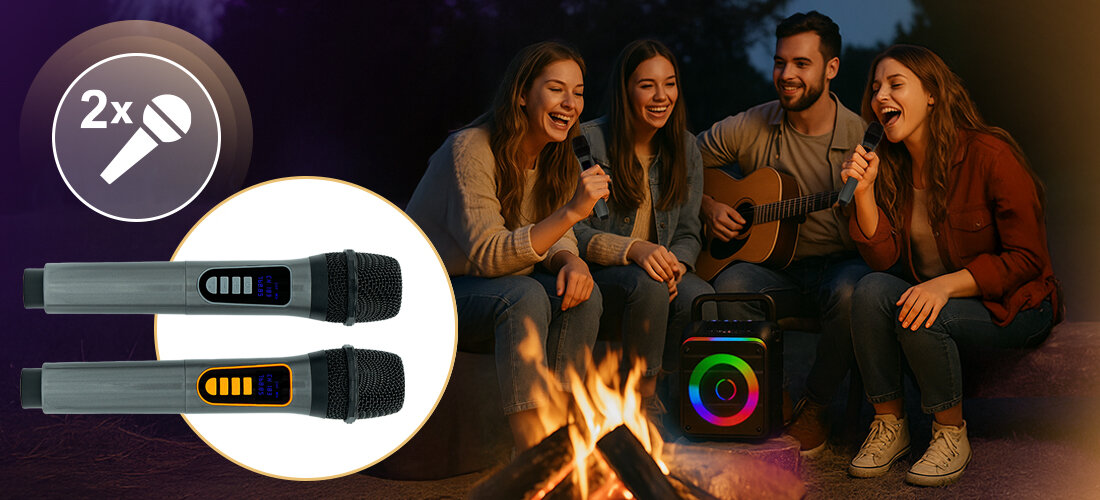 MUSICMATE MM-SC300 SoundRider głośnik 6,5 cala moc 18W regulacja BASS TREBLE pełny dźwięk, osoby siedzace przy ognisku w lesie, z zestawem karaoke oraz gitarą