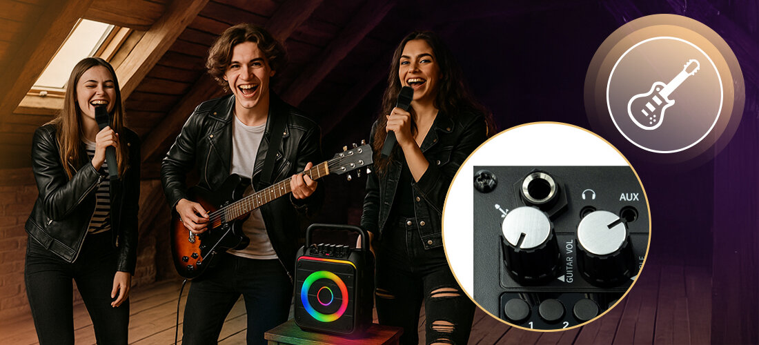 MUSICMATE MM-SC300 SoundRider mikrofony bezprzewodowe wejście gitarowe Jack 6,3 mm MIC Priority efekt echa, osoby stojące na poddaszu z zestawem karaoke, mikrofonami oraz gitarą