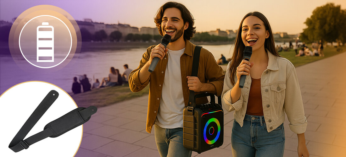 MUSICMATE MM-SC300 SoundRider bateria 4500 mAh Bluetooth USB microSD AUX słuchawki Jack 3,5 mm pilot, osoby przechadzające się obok rzeki na promenadzie z mikrofonami w ręku oraz głośnikiem na ramienu
