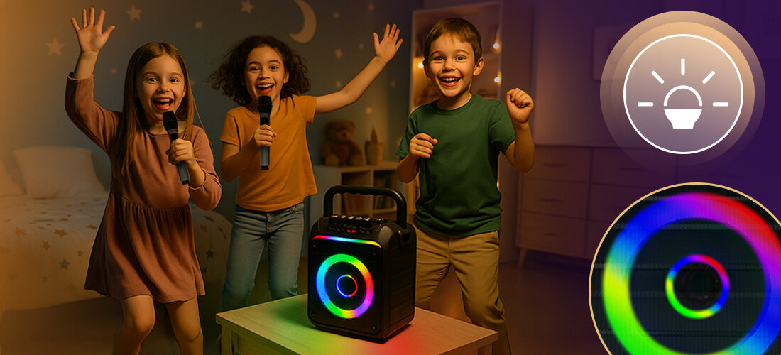 MUSICMATE MM-SC300 SoundRider podświetlenie LED precyzyjna regulacja dźwięku scena muzyczna, dzieci bawiące się w rytm muzyki z mikrofonami w ręku