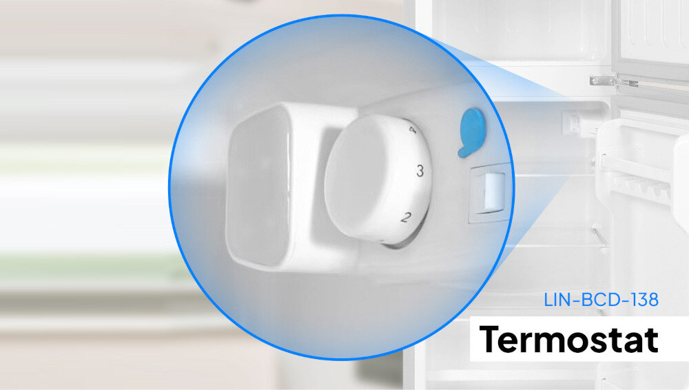 LODÓWKA LIN LI-BCD-138 BIAŁA zbliżenie wnętrze lodówki termostat pokrętło regulacja temperatury ustawienia świeże produkty