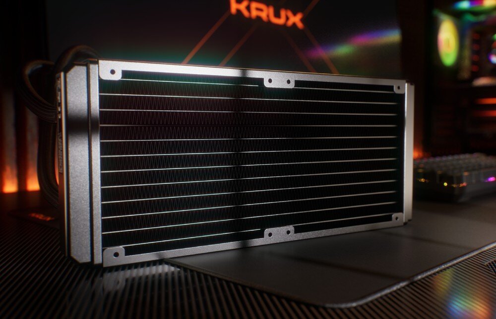 Chłodzenie wodne KRUX HydroX 240 ARGB Aluminiowa chłodnica z widocznymi żeberkami chłodzącymi ustawiona na płaskiej powierzchni, cechy, rozmiar chłodnicy, zestaw