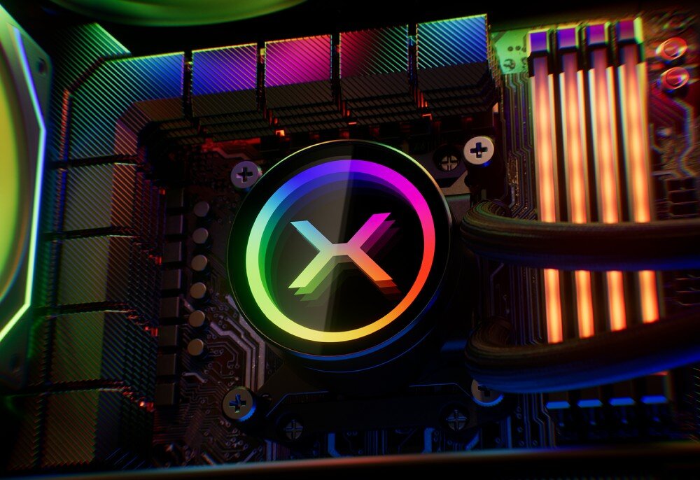 Chłodzenie wodne KRUX HydroX 240 ARGB Zbliżenie na blok wodny z podświetleniem ARGB w formie kolorowego pierścienia i logo X na środku, blokopompka, efekty, wygląd