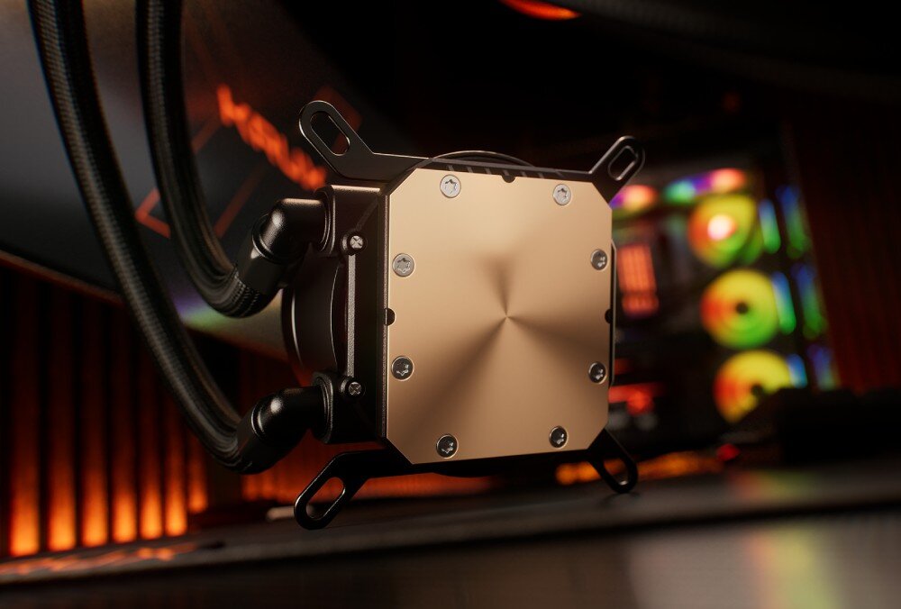 Chłodzenie wodne KRUX HydroX 240 ARGB Widok od spodu bloku wodnego z miedzianą podstawą i śrubami mocującymi, podstawa, wydajność