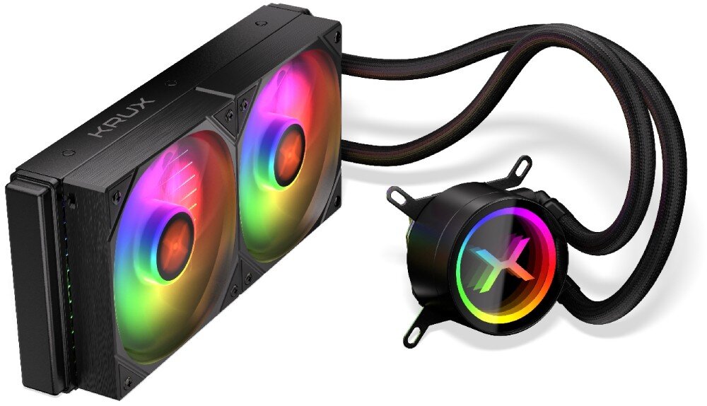 Chłodzenie wodne KRUX HydroX 240 ARGB Chłodnica z dwoma wentylatorami ARGB oraz blok wodny z logo X połączony przewodami, pasta termoprzewodząca