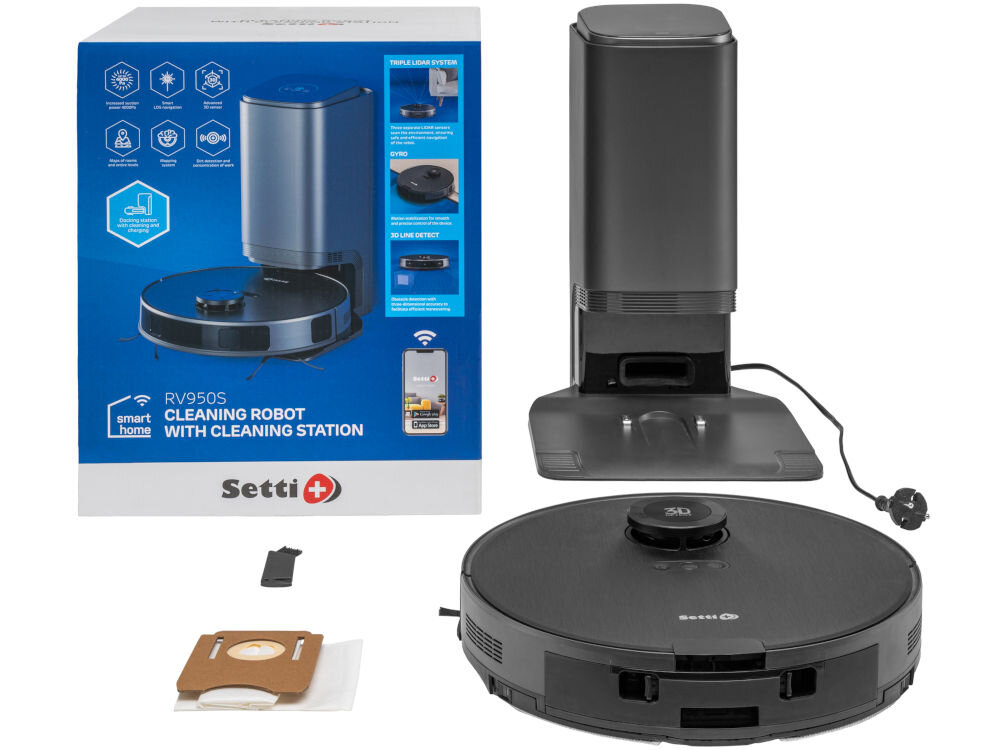 Robot sprzątający SETTI+ RV950S elementy zestawu robot stacja worek szczoteczka opakowanie