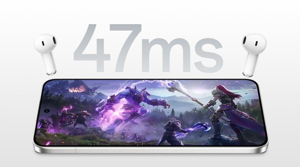 Obraz przedstawia smartfon z wyświetlonym na ekranie dynamicznym motywem fantasy, otoczony przez dwie białe słuchawki bezprzewodowe. Nad smartfonem widoczny jest duży napis \'47ms\'.