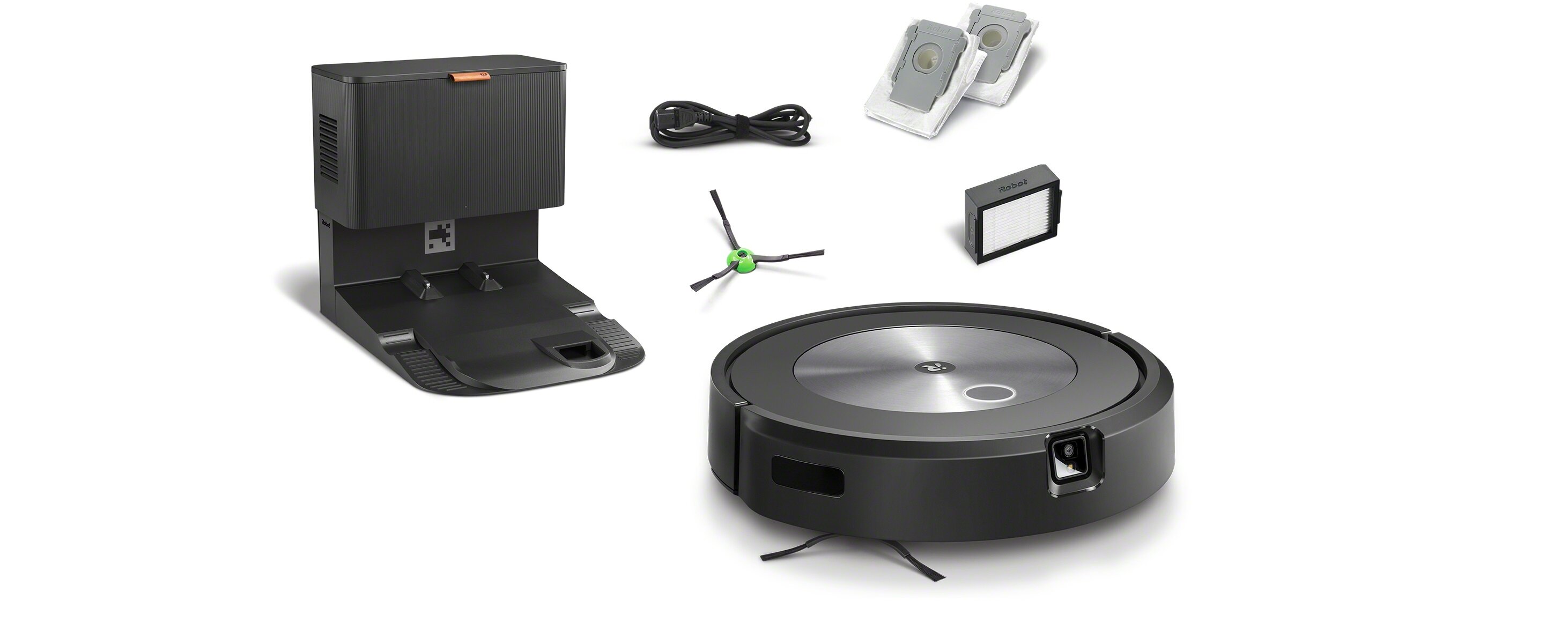 Na obrazie znajduje się robot sprzątający z okrągłą obudową, stacja dokująca, kabel, szczotka, filtr oraz dwa worki na kurz. Wszystkie elementy są w odcieniach czerni i szarości.