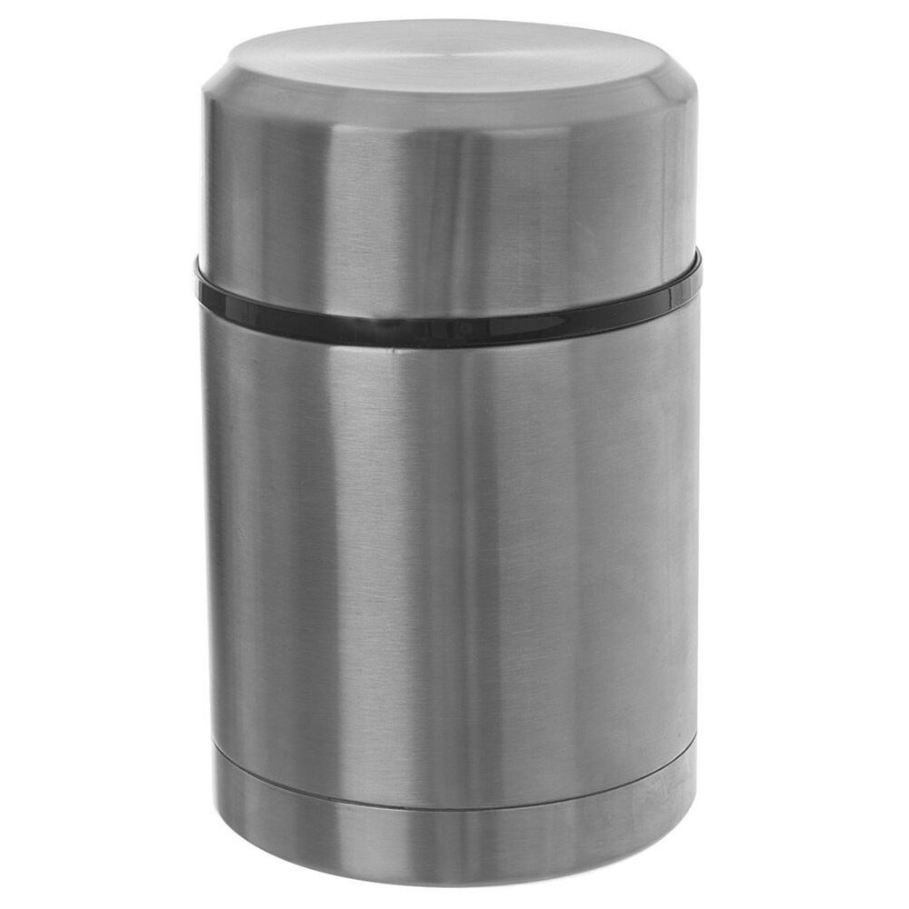 Stalowy termos obiadowy o pojemności 650 ml z gładką, metaliczną powierzchnią i czarnym pierścieniem na górze. Produkt ma cylindryczny kształt z płaskim wieczkiem.