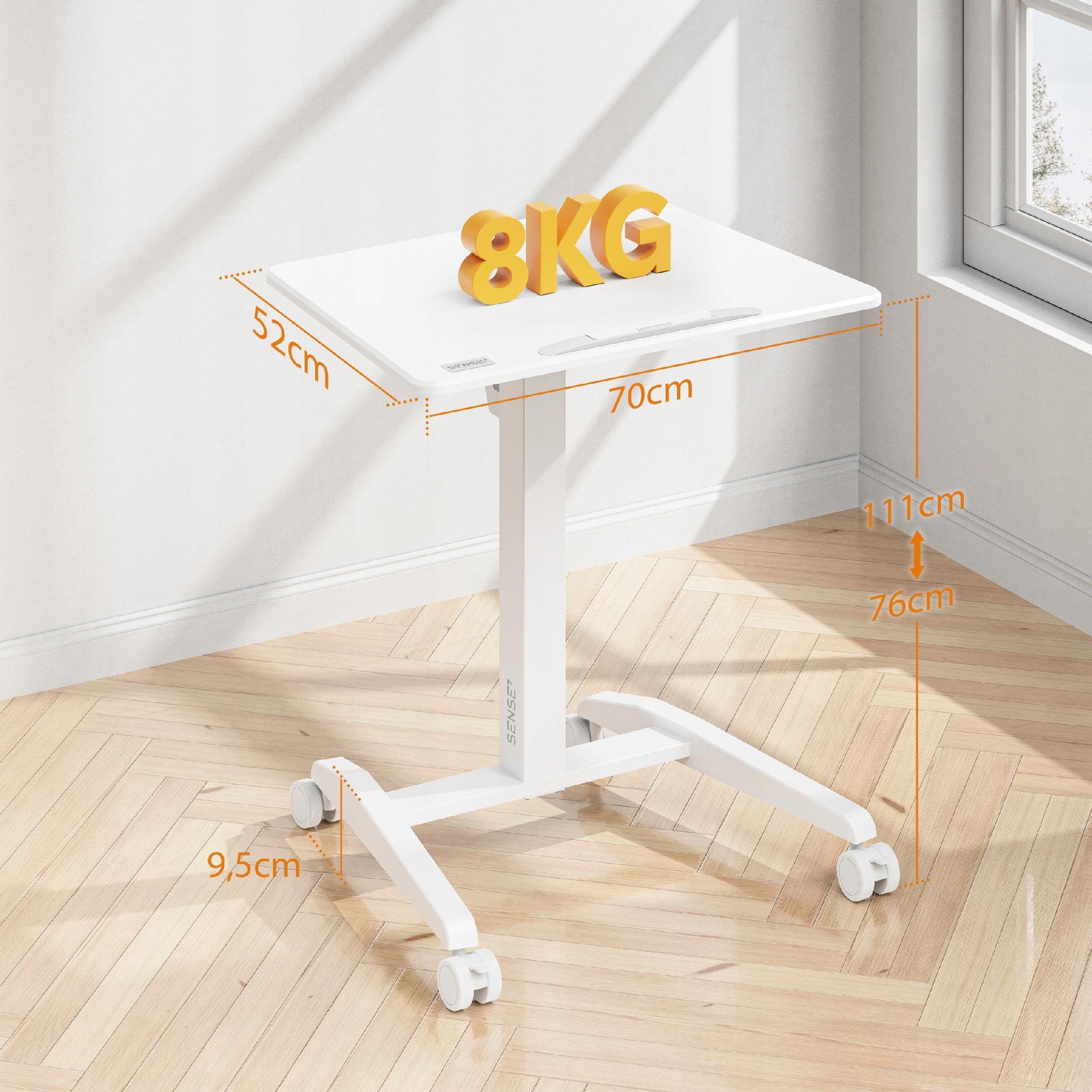 Białe biurko regulowane mobilne o wymiarach 70 x 52 cm z napisem \'8KG\' na blacie. Widoczne są oznaczenia wysokości 76 cm i 111 cm oraz wysokość kółek 9,5 cm.