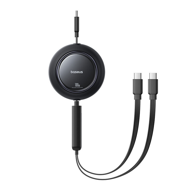 Na obrazie widoczny jest czarny, zwijany kabel z dwoma końcówkami USB-C. Na okrągłej obudowie znajduje się napis \'baseus 100W\'.