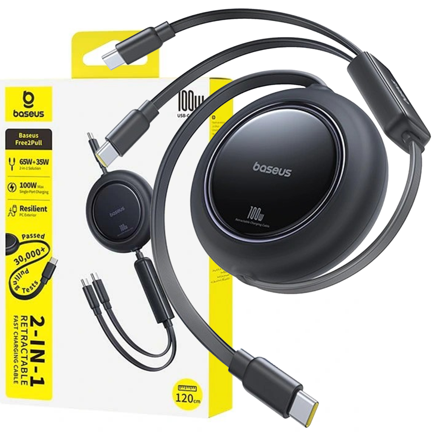 Na obrazie widoczny jest czarny, zwijany kabel USB-C z logo \'baseus\' oraz opakowanie z napisem \'2-IN-1 RETRACTABLE FAST CHARGING CABLE\'.