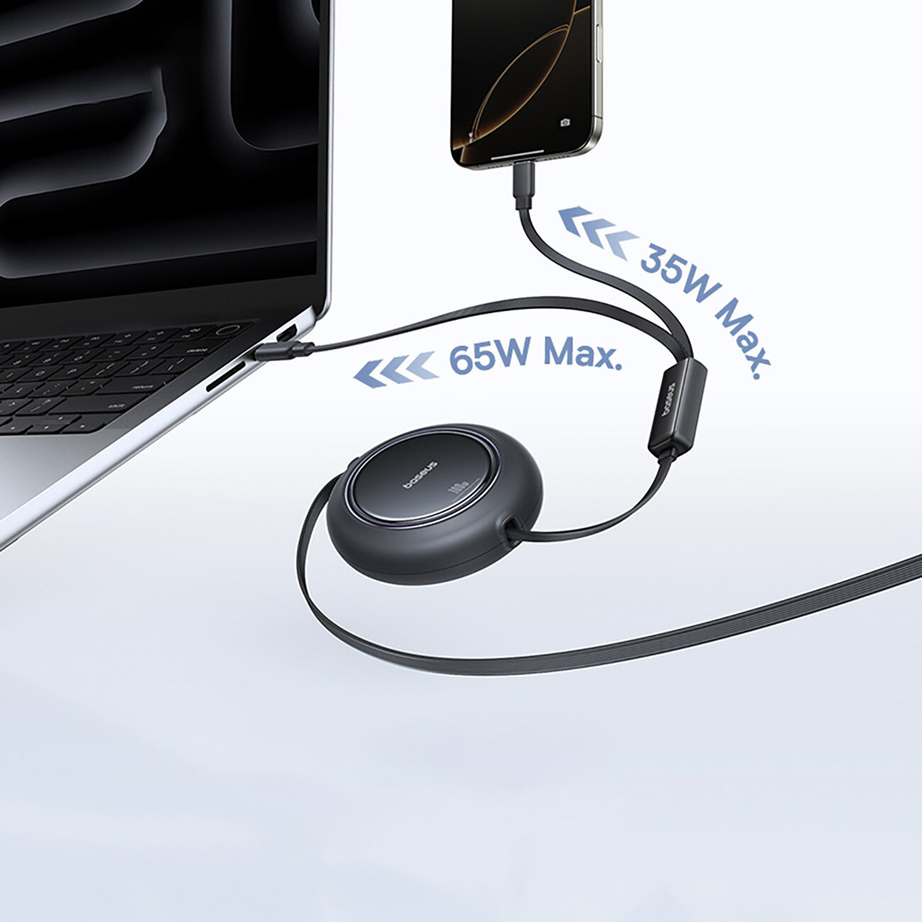 Obraz przedstawia zwijany kabel USB-C z logo \'Baseus\', podłączony do laptopa i telefonu. Widoczne są oznaczenia \'65W Max.\' i \'35W Max.\'.
