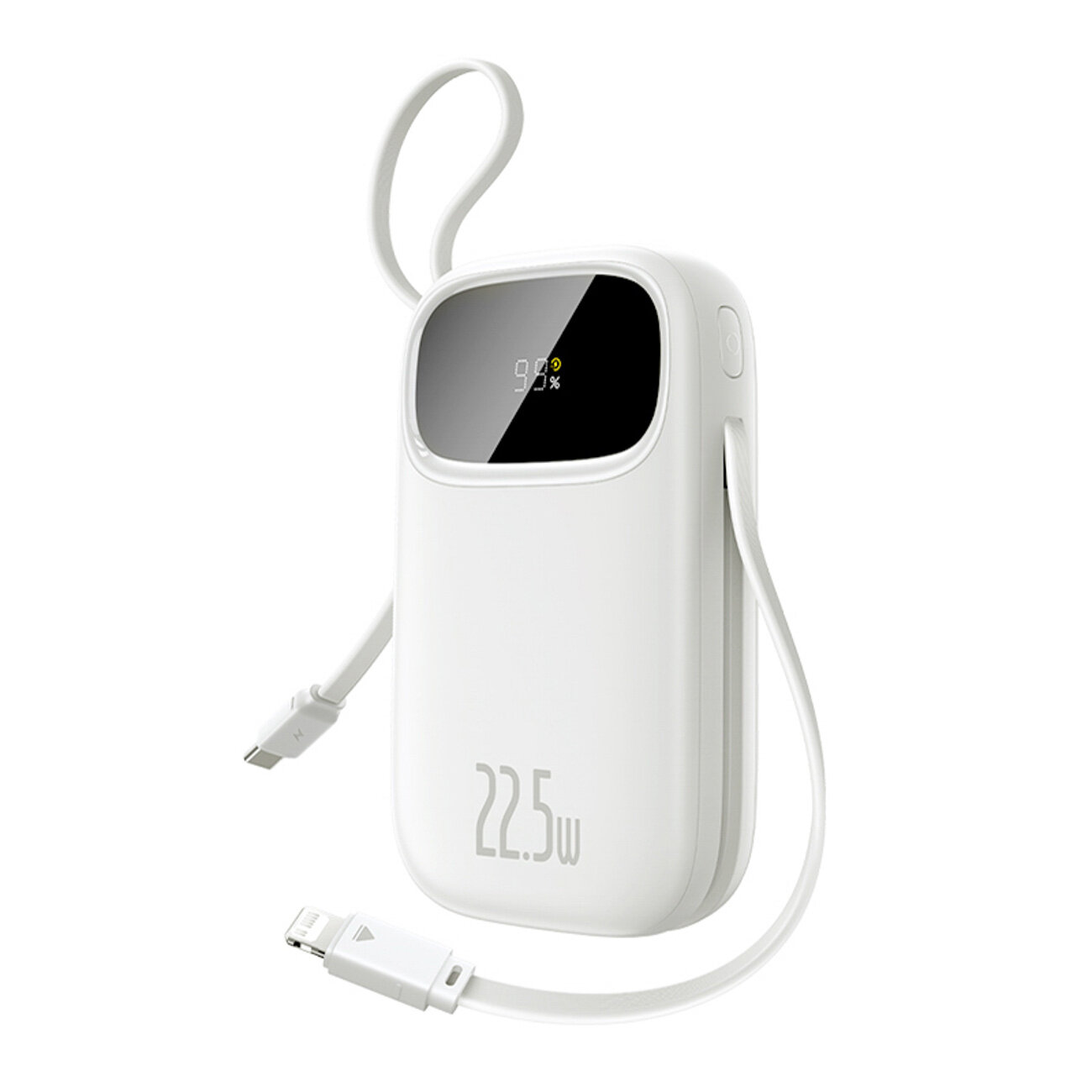 Biały powerbank z wyświetlaczem pokazującym \'95%\' oraz oznaczeniem \'22.5W\' na obudowie. Posiada wbudowane kable z końcówkami USB-C i Lightning.