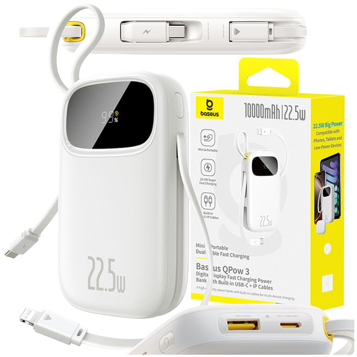 Na obrazie widoczny jest biały powerbank z wyświetlaczem pokazującym 98% oraz napisem 22.5W. Obok znajduje się opakowanie z logo \'baseus\' i napisem \'10000mAh 22.5w\'.