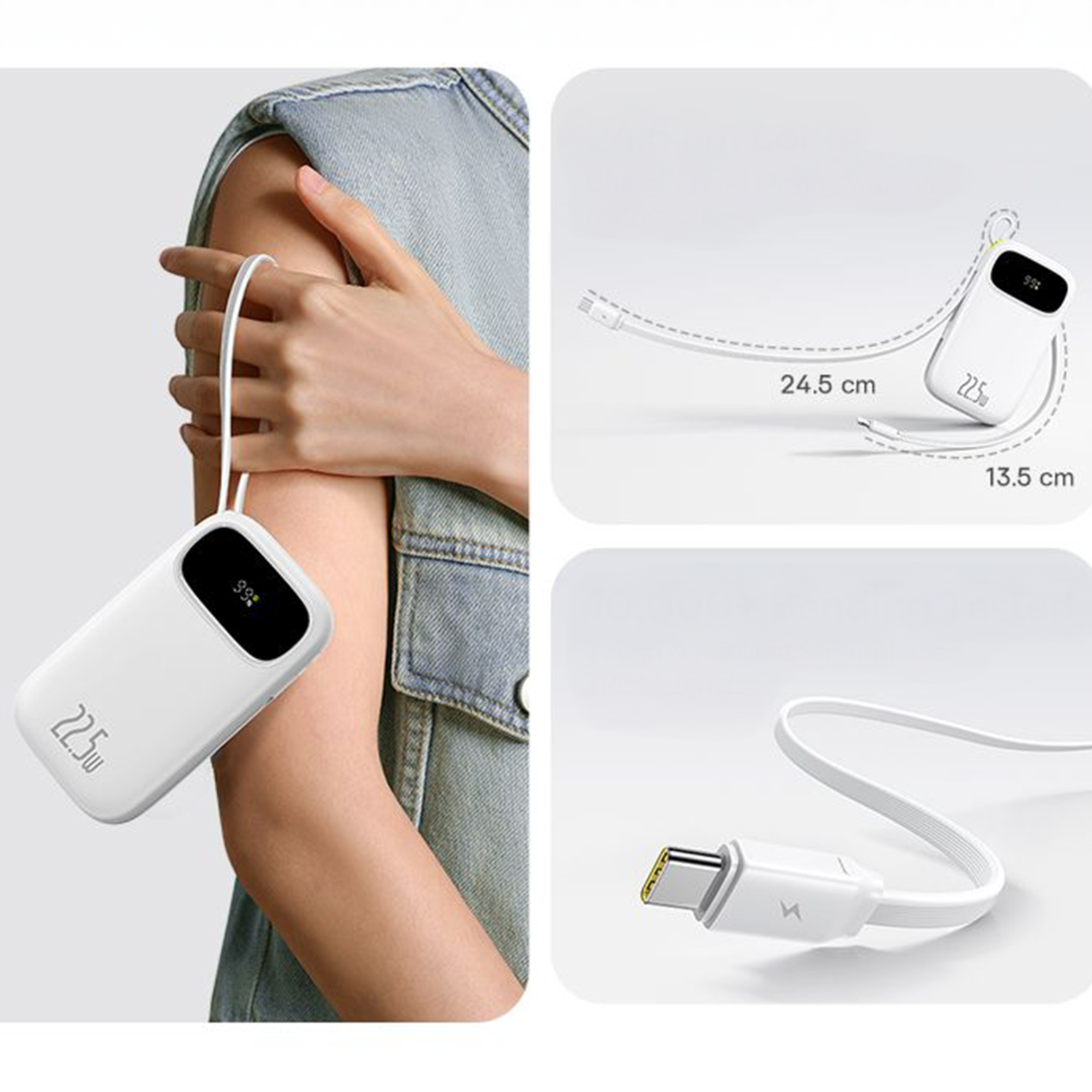 Na obrazie widoczny jest biały powerbank z wyświetlaczem pokazującym \'39%\' oraz oznaczeniem \'22.5W\'. Obok przedstawione są jego wymiary: 24.5 cm długości kabla i 13.5 cm długości urządzenia, a także zbliżenie na końcówkę kabla USB-C.