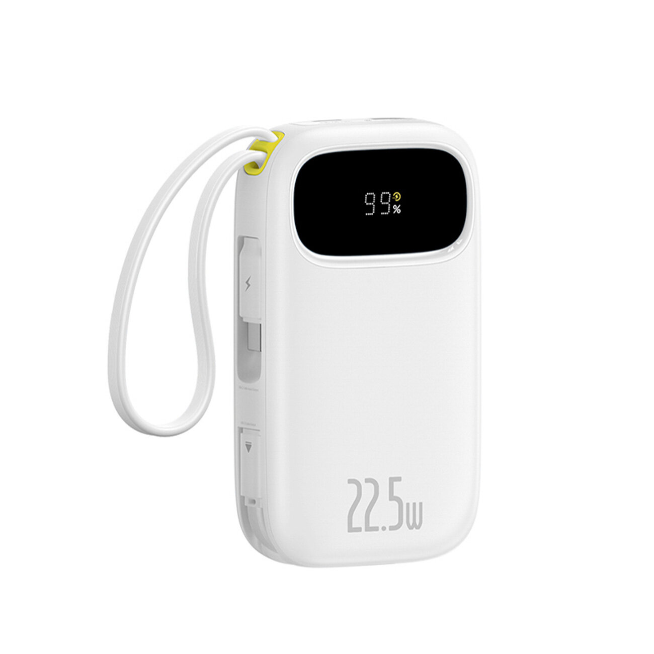 Biały powerbank z wyświetlaczem pokazującym \'99%\'. Na obudowie widoczny jest napis \'22.5W\'.