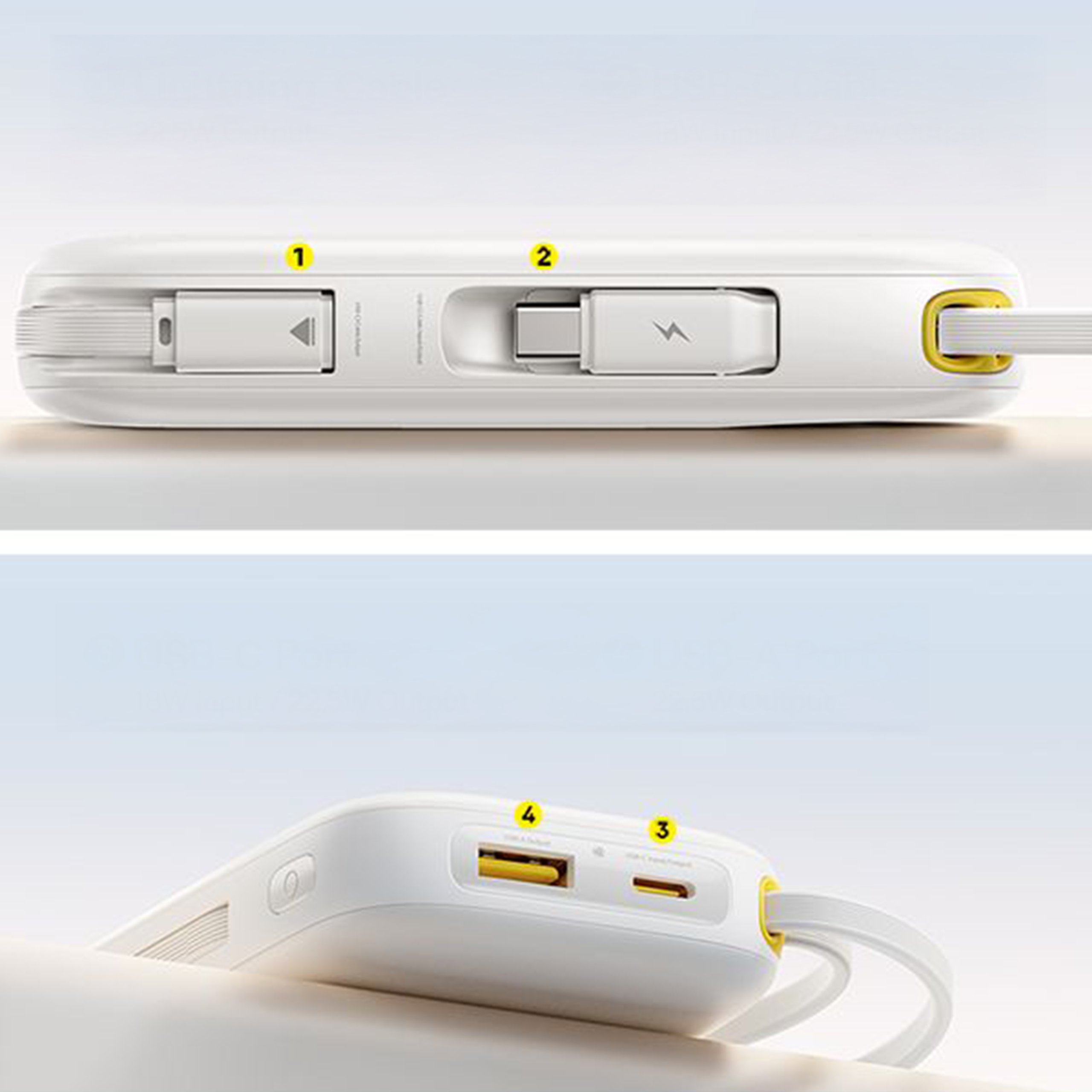 Na obrazie widoczny jest biały powerbank z wbudowanymi kablami i portami USB oznaczonymi numerami. Porty są opisane jako USB-C i USB-A, a obok nich znajduje się przycisk zasilania.