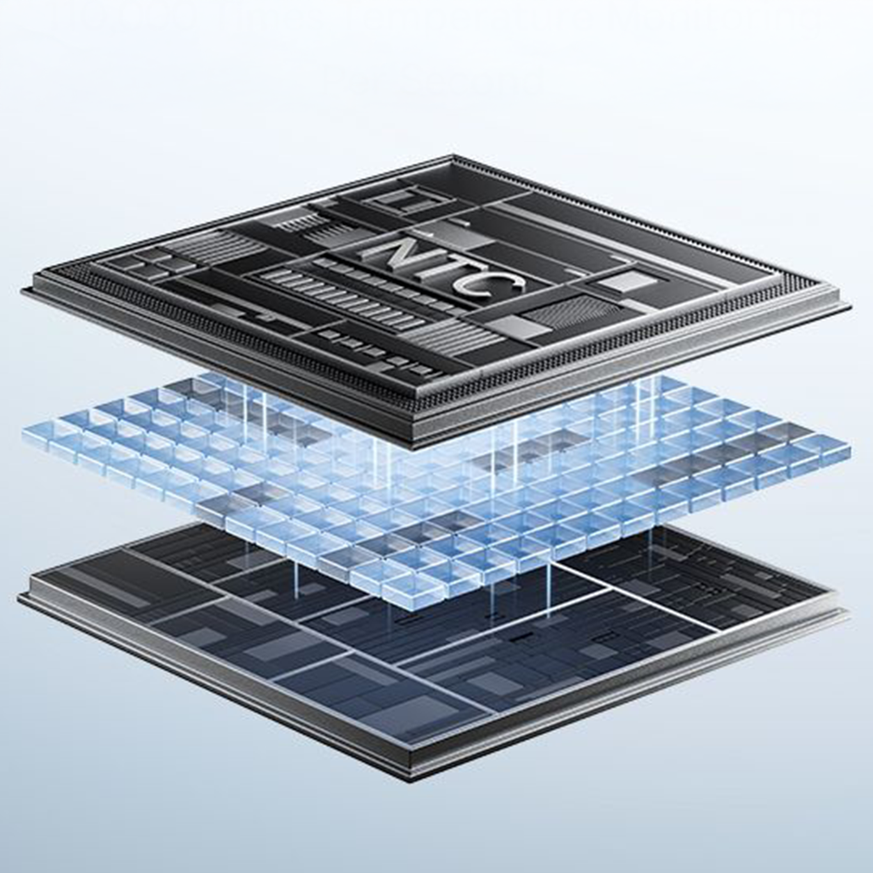Obraz przedstawia schematyczną ilustrację warstw technologicznych, z widocznym napisem \'NTC\' na górnej warstwie. Warstwy są przedstawione jako przezroczyste siatki i płytki, ułożone jedna nad drugą.