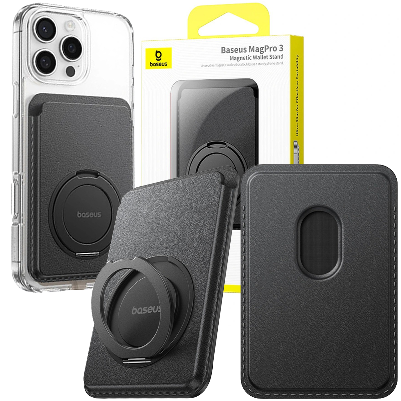 Na obrazie widoczny jest czarny portfel magnetyczny z okrągłym uchwytem, umieszczony na przezroczystym etui telefonu. W tle znajduje się opakowanie z napisem \'Baseus MagPro 3 Magnetic Wallet Stand\'.