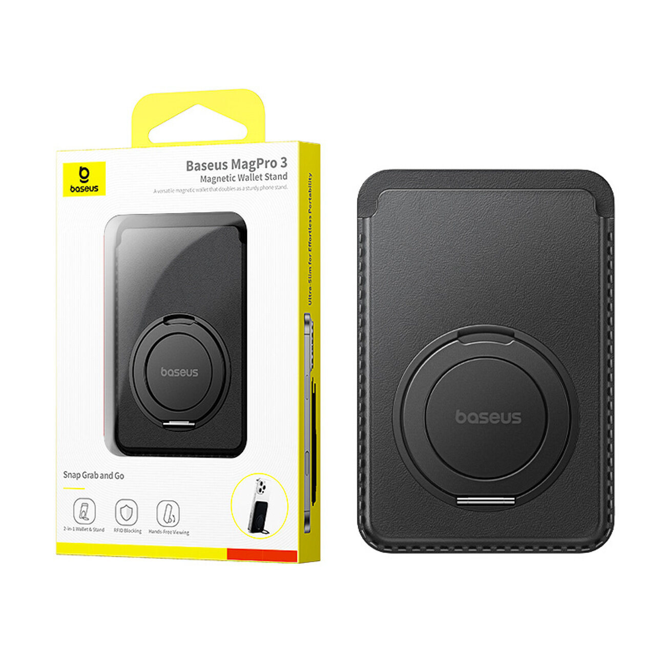 Na obrazie widoczny jest czarny portfel magnetyczny z okrągłym uchwytem, obok znajduje się jego opakowanie z napisem \'Baseus MagPro 3 Magnetic Wallet Stand\'. Opakowanie zawiera również logo \'baseus\' oraz ilustrację przedstawiającą funkcję podstawki.