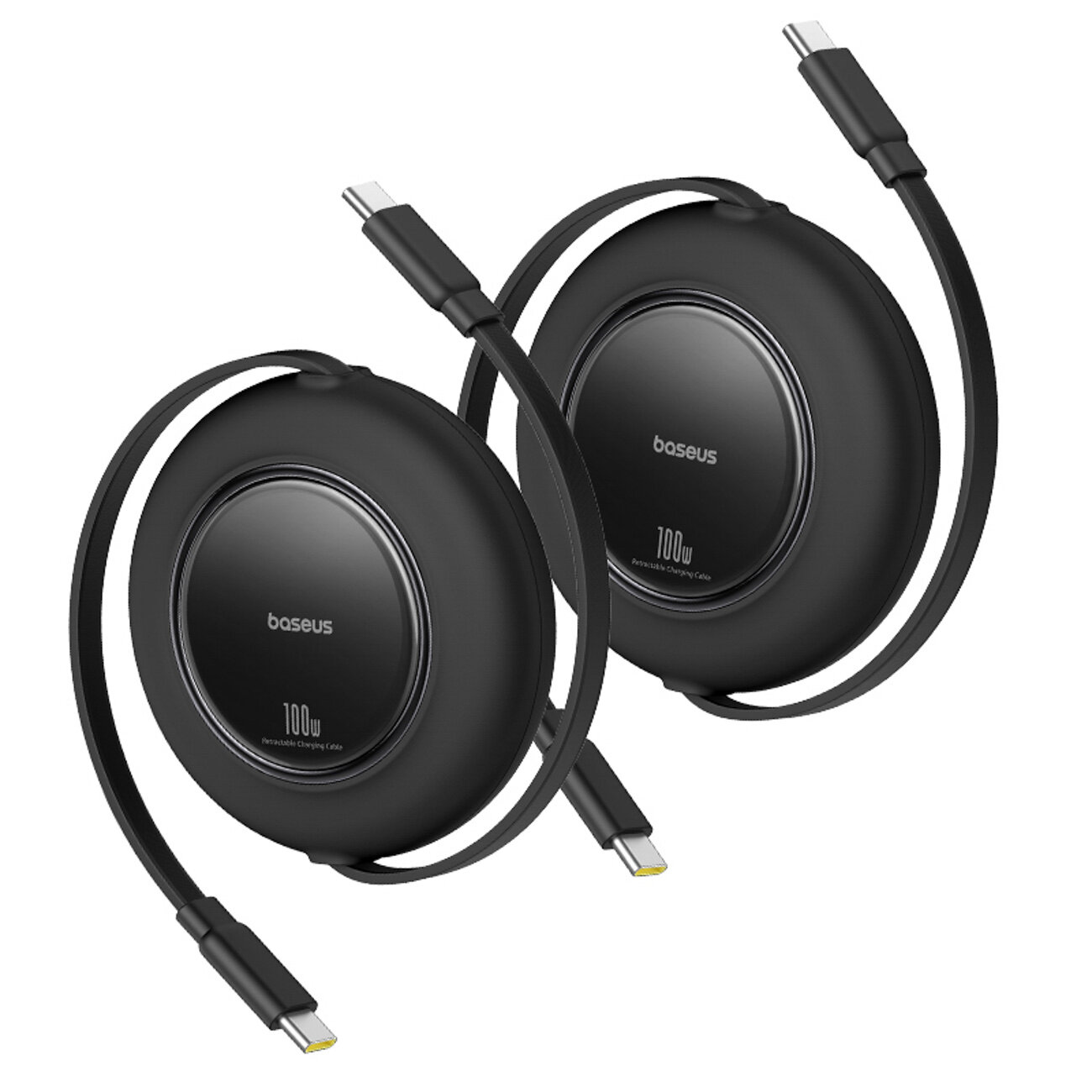 Na obrazie widoczne są dwa czarne, zwijane kable USB-C z logo \'baseus\' i oznaczeniem \'100W\' na obudowie. Kable mają nowoczesny design i są przeznaczone do ładowania urządzeń.
