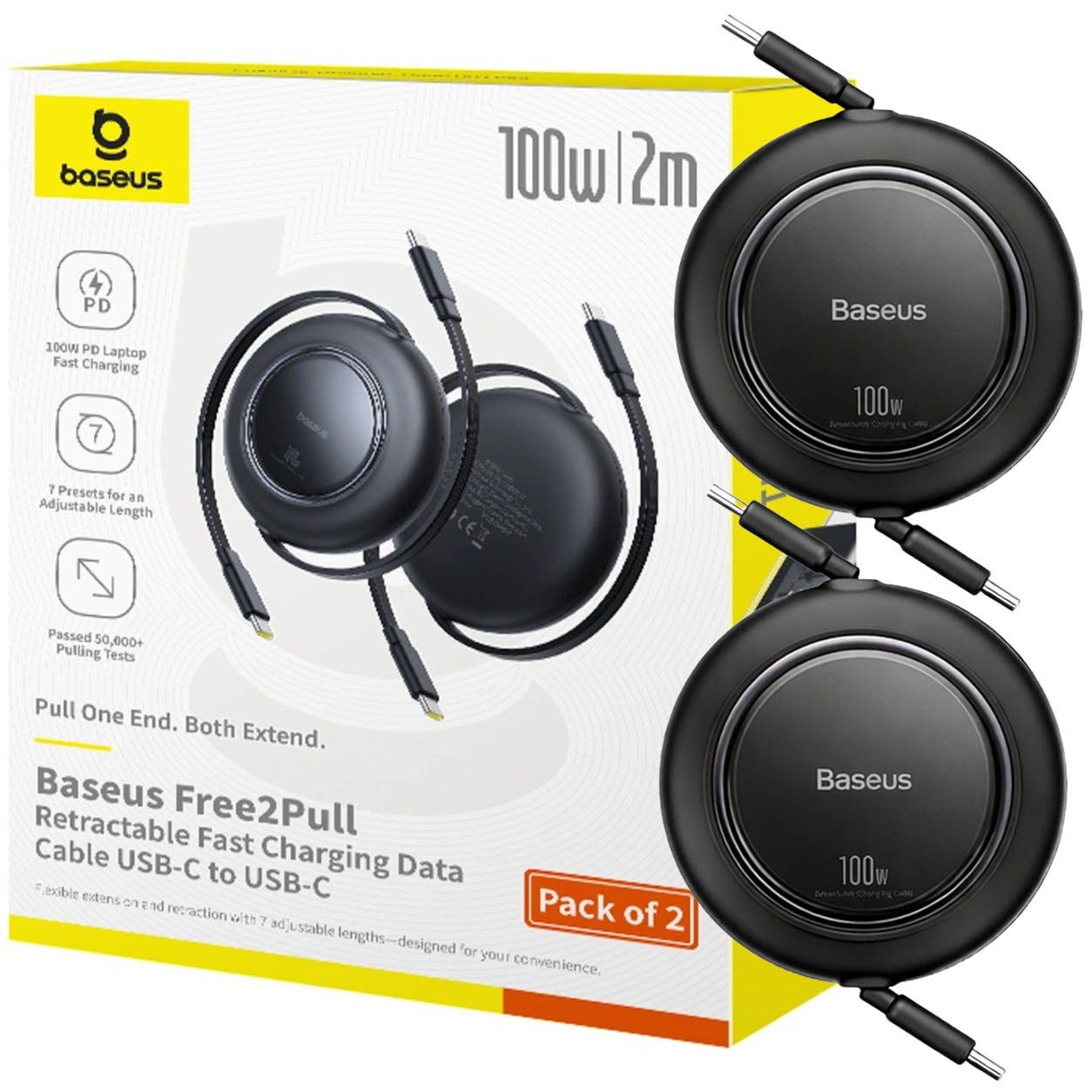 Opakowanie produktu Baseus z dwoma czarnymi, zwijanymi kablami USB-C o mocy 100W i długości 2m. Na opakowaniu widoczne są napisy: \'Baseus Free2Pull Retractable Fast Charging Data Cable USB-C to USB-C\' oraz \'Pack of 2\'.