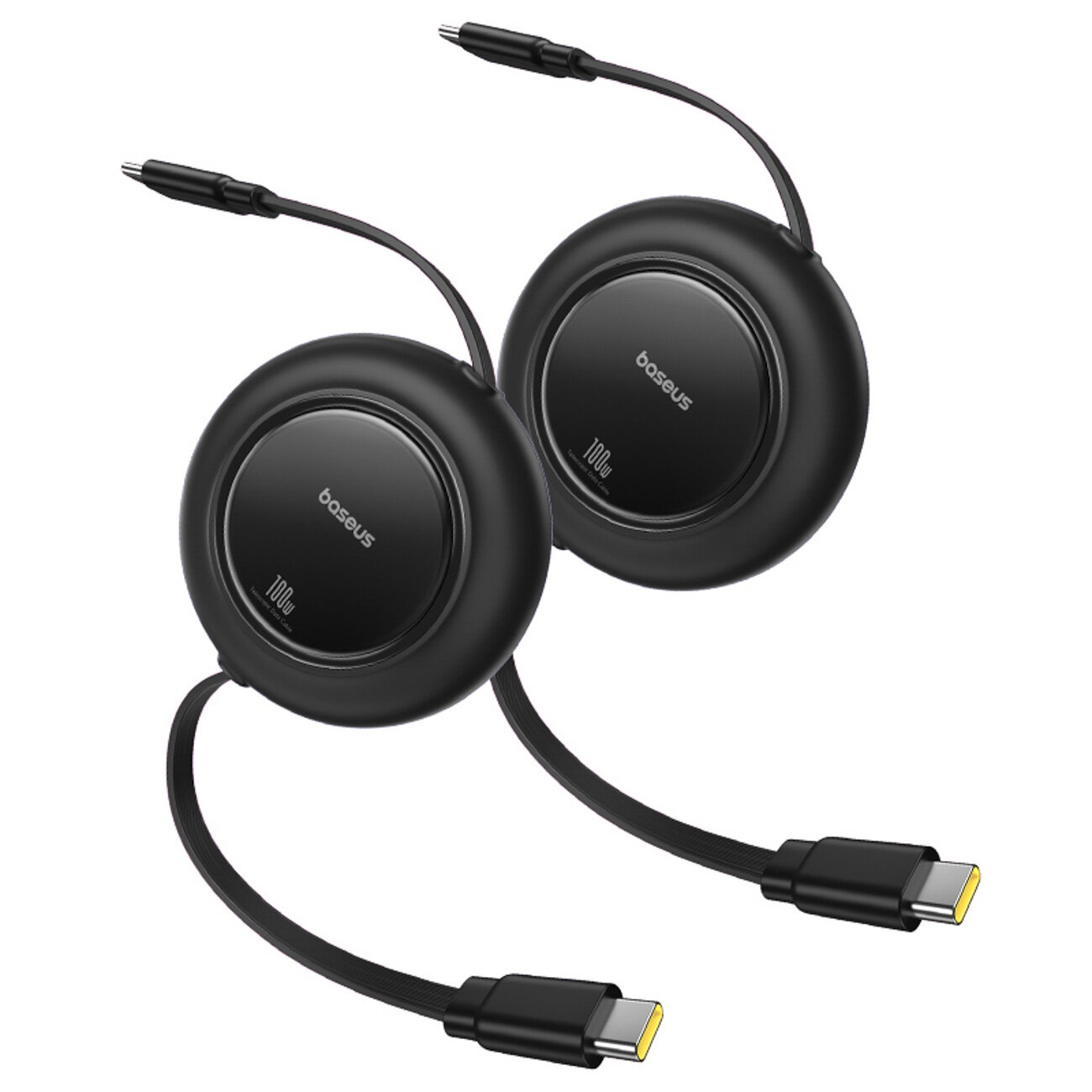 Na obrazie widoczne są dwa czarne, zwijane kable USB-C z okrągłymi obudowami, na których znajduje się napis \'baseus\' oraz \'100W\'.