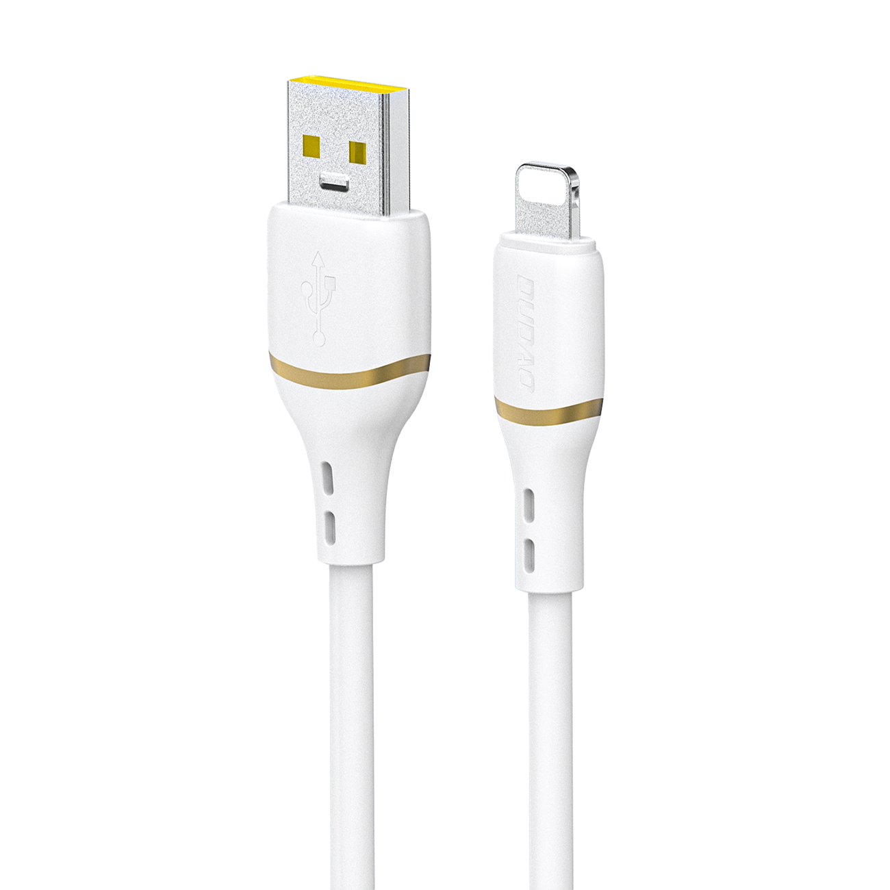 Na obrazie widoczny jest biały kabel z dwoma końcówkami: USB-A i Lightning, z delikatnym złotym akcentem. Na jednej z końcówek widnieje napis \'Dudao\'.