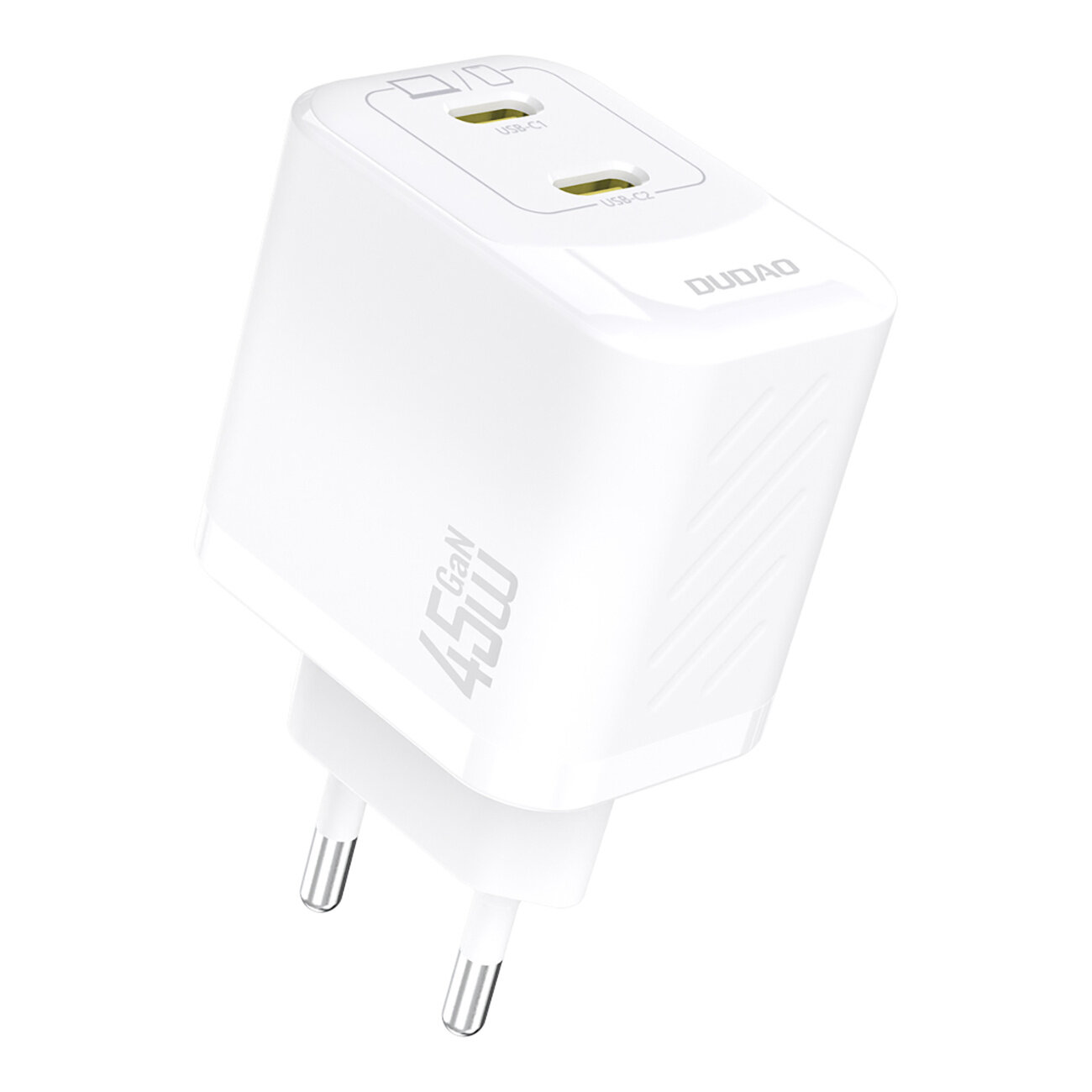 Biała ładowarka sieciowa z dwoma portami USB i napisem \'Dudao\' oraz \'GaN 45W\' na obudowie.