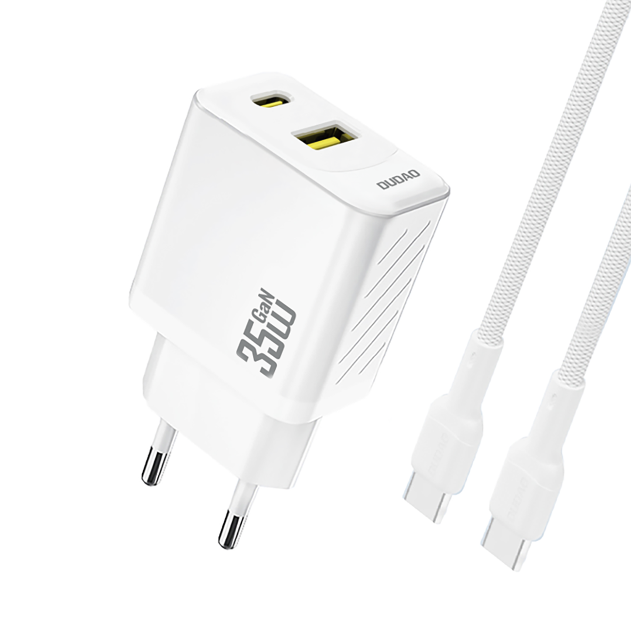 Biała ładowarka sieciowa z dwoma portami: USB-A i USB-C, z oznaczeniem \'35 GaN 35W\' oraz logo \'DUDAO\'. Obok znajduje się biały kabel USB-C z plecionym wykończeniem.