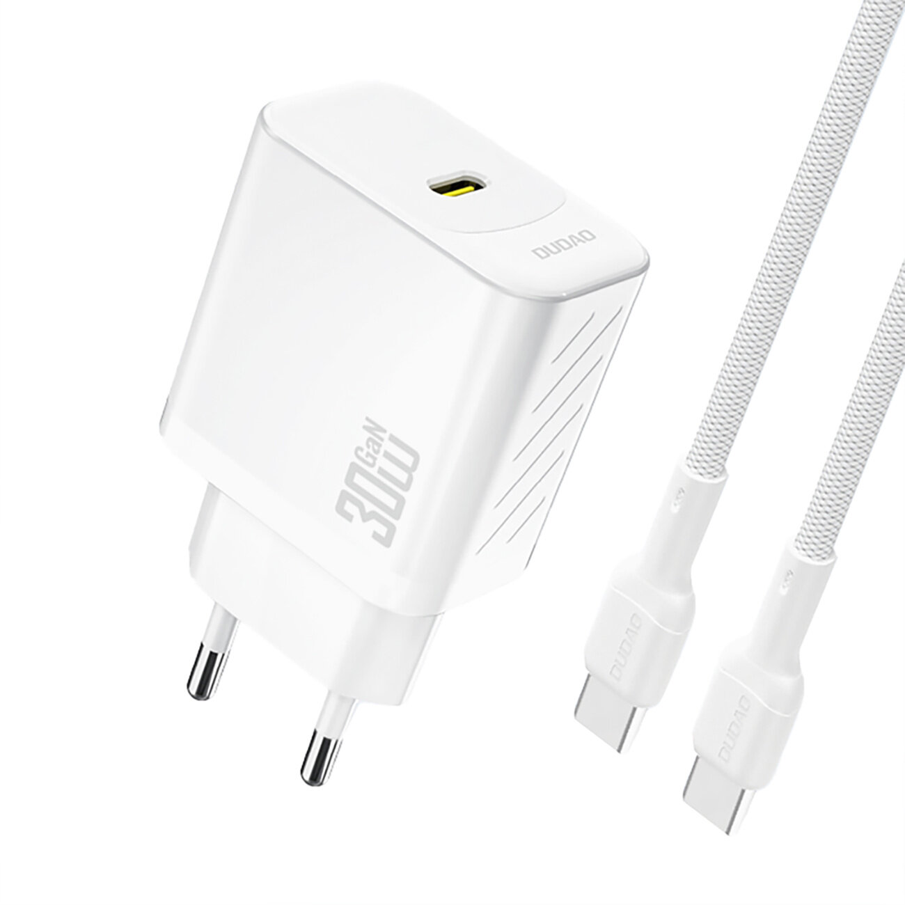 Biała ładowarka sieciowa z napisem \'30W GaN\' oraz logo \'DUDAO\', wyposażona w port USB-C. Obok znajduje się biały kabel USB-C z plecionym oplotem.