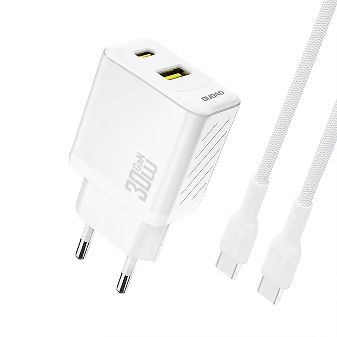 Biała ładowarka sieciowa z dwoma portami USB, oznaczona napisem \'30W GaN\', oraz dołączonym kablem USB-C. Na ładowarce widoczne jest logo \'DUDAO\'.