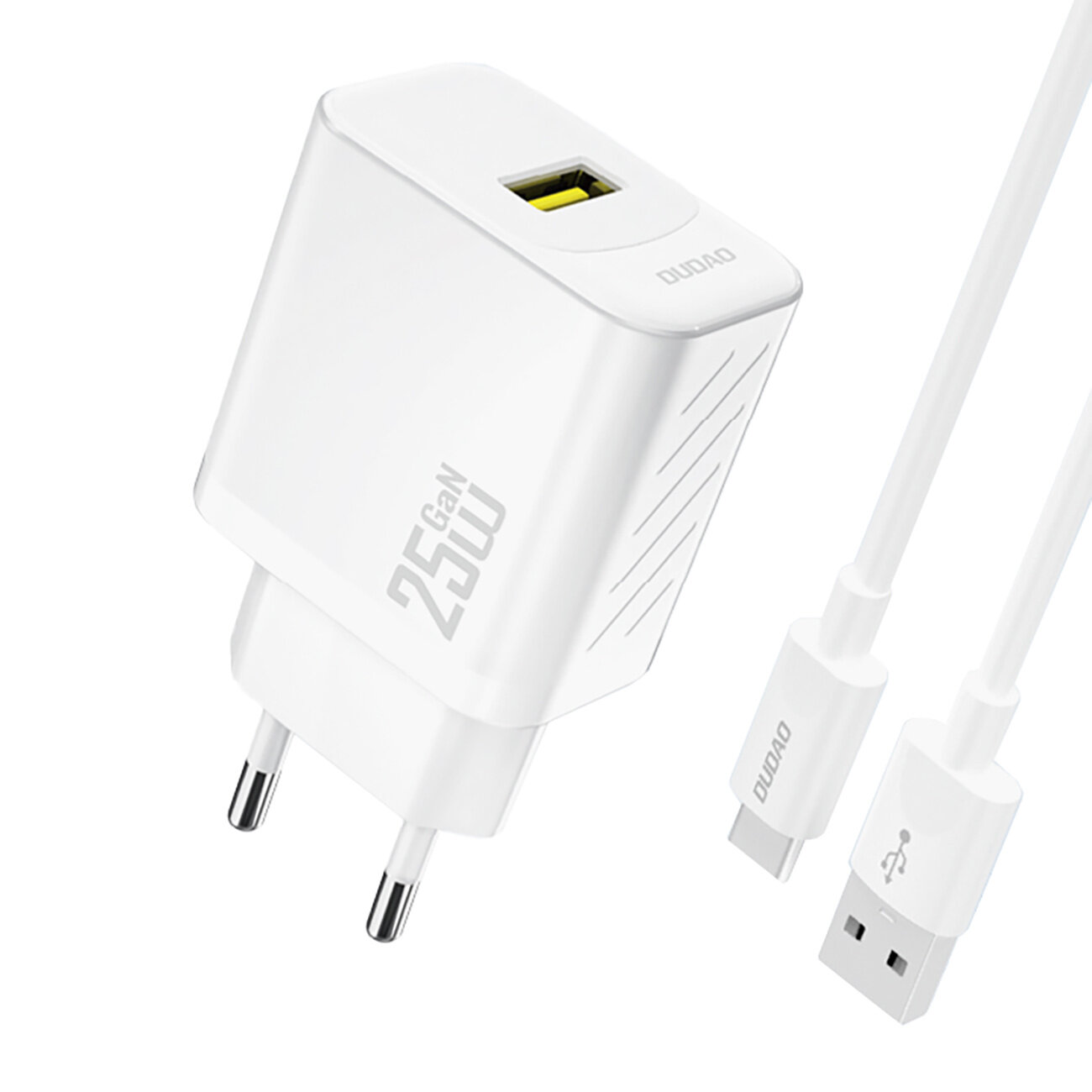 Biała ładowarka sieciowa z napisem \'25W GaN\' oraz logo \'DUDAO\', z widocznym portem USB-A. Obok znajduje się biały kabel USB-A do USB-C z logo \'DUDAO\'.