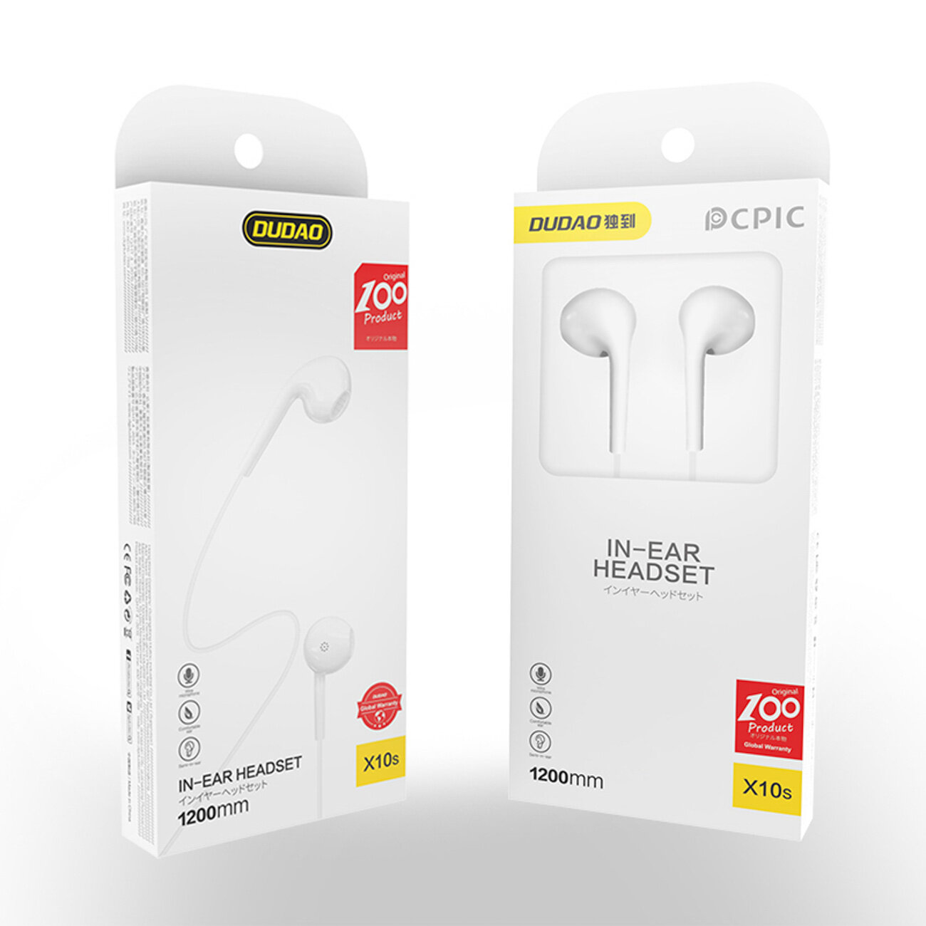 Na obrazie widoczne są dwa białe opakowania słuchawek dousznych z logo \'DUDAO\'. Na opakowaniach znajduje się tekst \'IN-EAR HEADSET\', \'1200mm\', \'X10s\' oraz czerwony znak \'Original 100 Product\'.