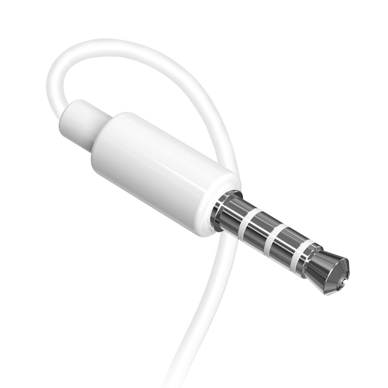 Obraz przedstawia biały przewód zakończony metalowym wtykiem mini jack 3,5 mm. Wtyk ma trzy czarne pierścienie oddzielające cztery metalowe segmenty.