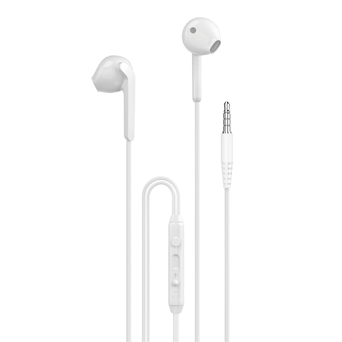 Białe słuchawki dokanałowe z przewodem USB-C, posiadające wbudowany panel sterowania z przyciskami. Widoczny jest również wtyk audio oraz dwa wkładki douszne.