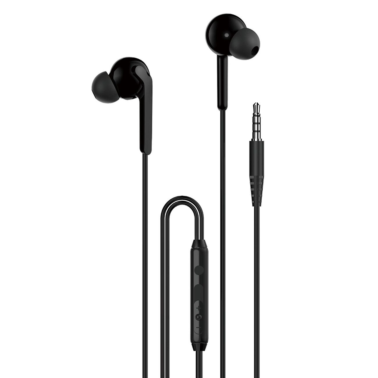 Czarne słuchawki dokanałowe z przewodem i wtykiem USB-C. Na przewodzie znajduje się panel sterujący z przyciskami.