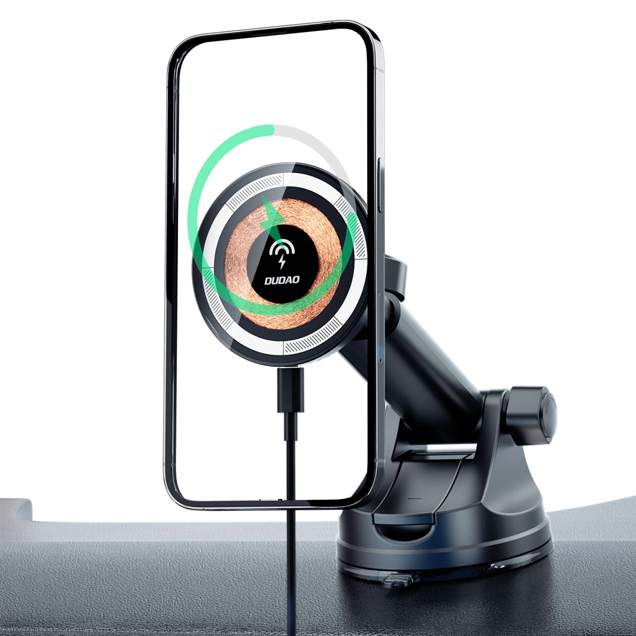 Czarny uchwyt samochodowy z ładowarką bezprzewodową, na którym zamocowany jest telefon. Na ładowarce widoczne jest logo \'DUDAO\' oraz symbol ładowania.