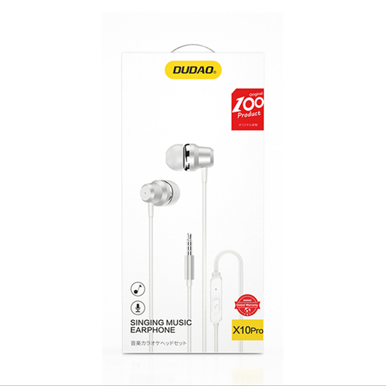 Opakowanie słuchawek dokanałowych z logo \'DUDAO\' na górze i napisem \'SINGING MUSIC EARPHONE\' na dole. Widoczne są słuchawki, wtyk mini jack 3,5 mm oraz pilot na kablu.