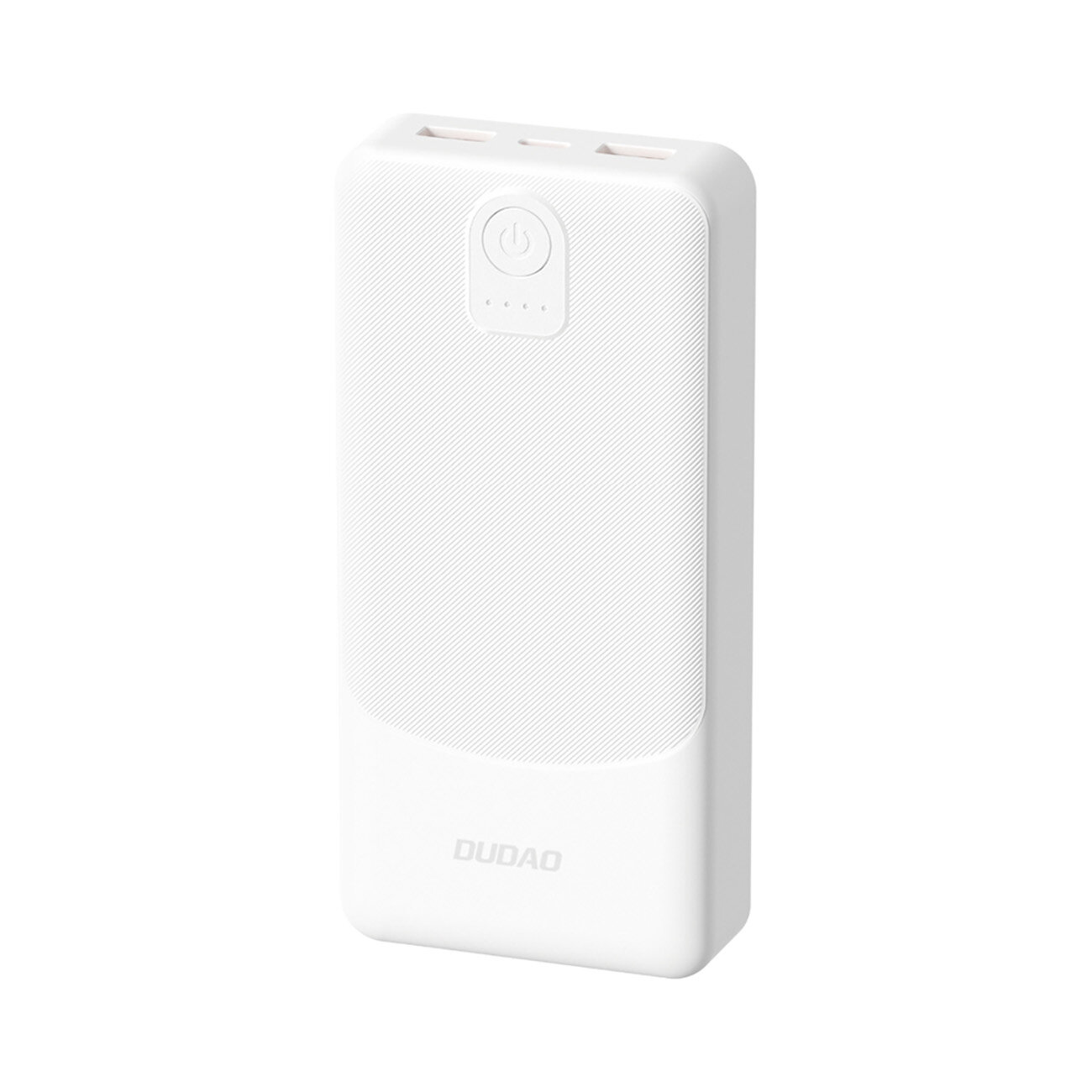 Biały powerbank z dwoma portami USB-A na górze i przyciskiem zasilania z czterema diodami LED. Na dole widoczne jest logo \'DUDAO\'.