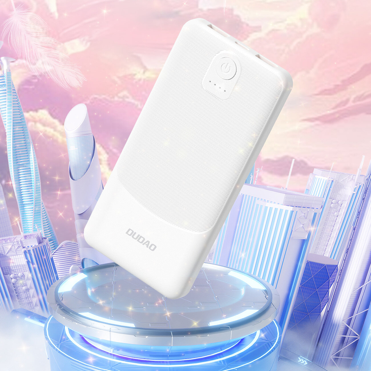 Biały powerbank z logo \'DUDAO\' unosi się nad futurystycznym miastem w pastelowych kolorach. Na urządzeniu widoczny jest przycisk zasilania i wskaźnik LED.